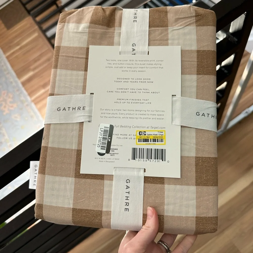 Gathre 100% Cotton Duvet Set in Tan Gingham Reversible